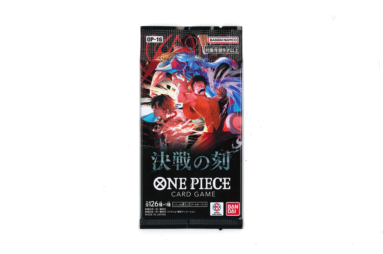 Japanese One Piece booster pack "The Time of Battle" from TheGeekTrainer, featuring colorful trading card artwork.