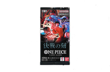 Japanese One Piece booster pack "The Time of Battle" from TheGeekTrainer, featuring colorful trading card artwork.